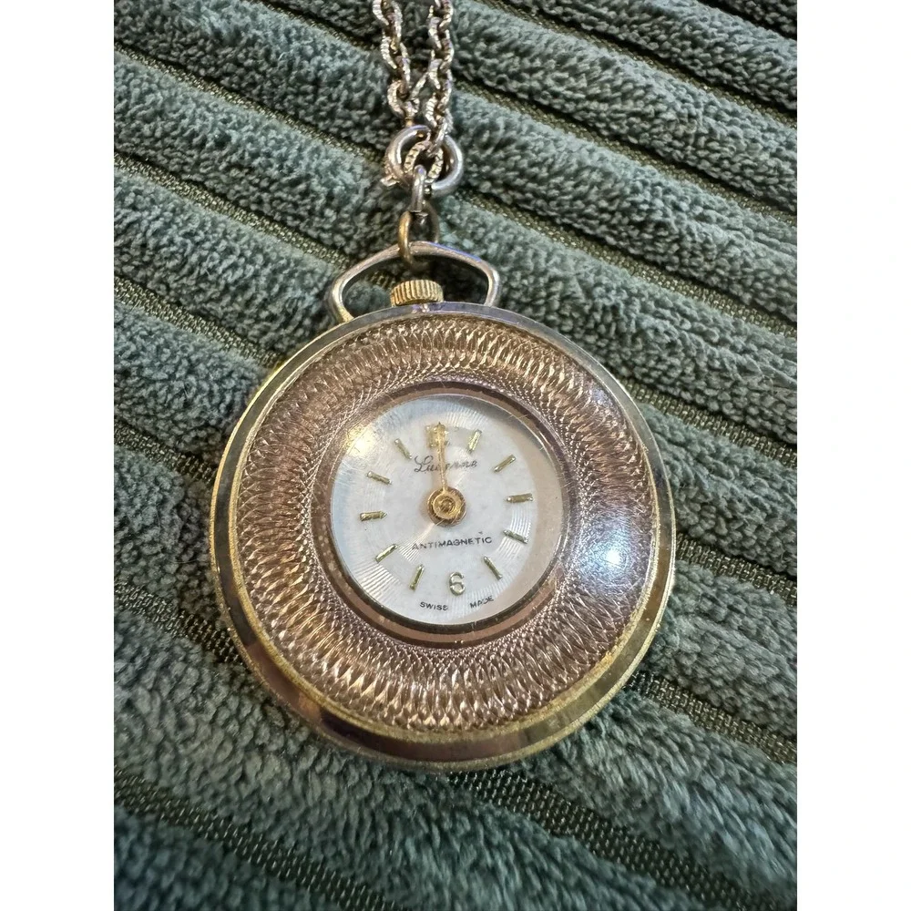 Vintage Lucerne‎ Swiss Made Pendant Watch Necklace Gold Tone Antimagnetic